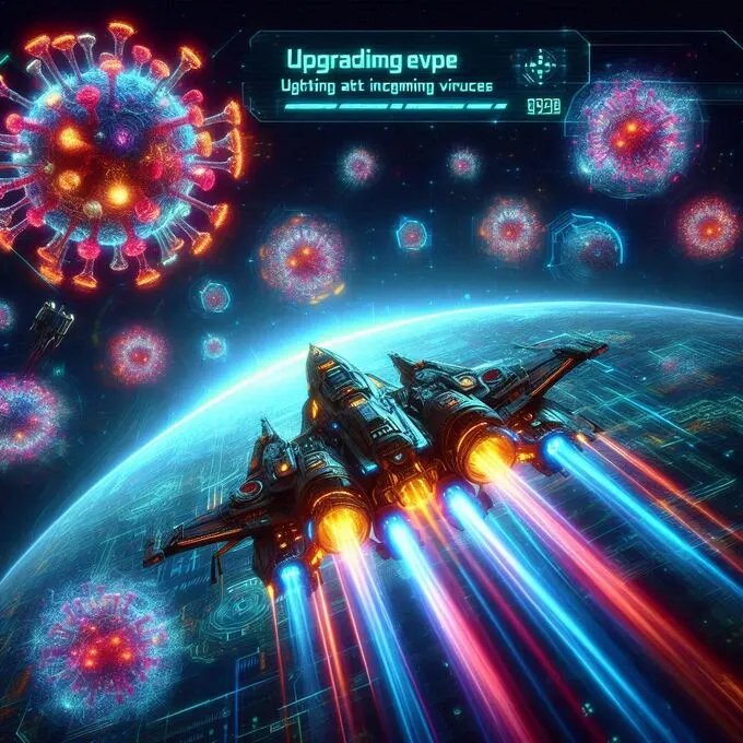 Combate espacial en ANTI VIRUS GAME, con una nave disparando a oleadas de virus mientras mejora sus armas.