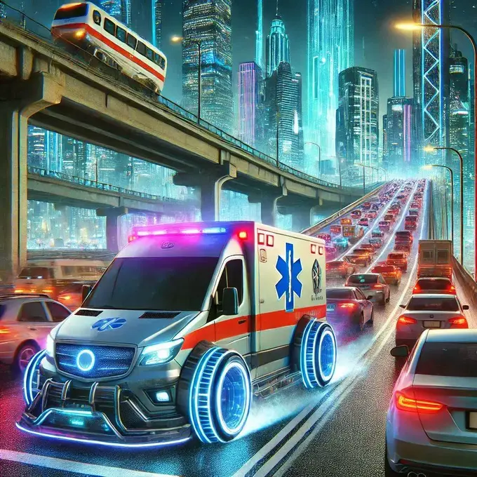 Imagen de Ambulance Traffic Drive, donde una ambulancia futurista atraviesa un tráfico denso en una ciudad iluminada por neón, mientras recoge potenciadores en el camino.