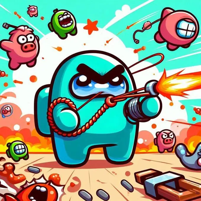 Angry Among Shot - Juego de tirachinas con personajes estilo Among Us, enemigos cerdos y explosiones.