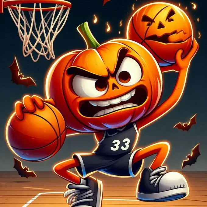 Angry Pumpkin Basketball: un personaje enojado lanzando balones con forma de calabaza de Halloween hacia un aro en una cancha con temática espeluznante.