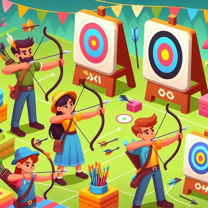 Arrow Shoot Game - personajes apuntando con arcos y flechas en un entorno de juego colorido y divertido