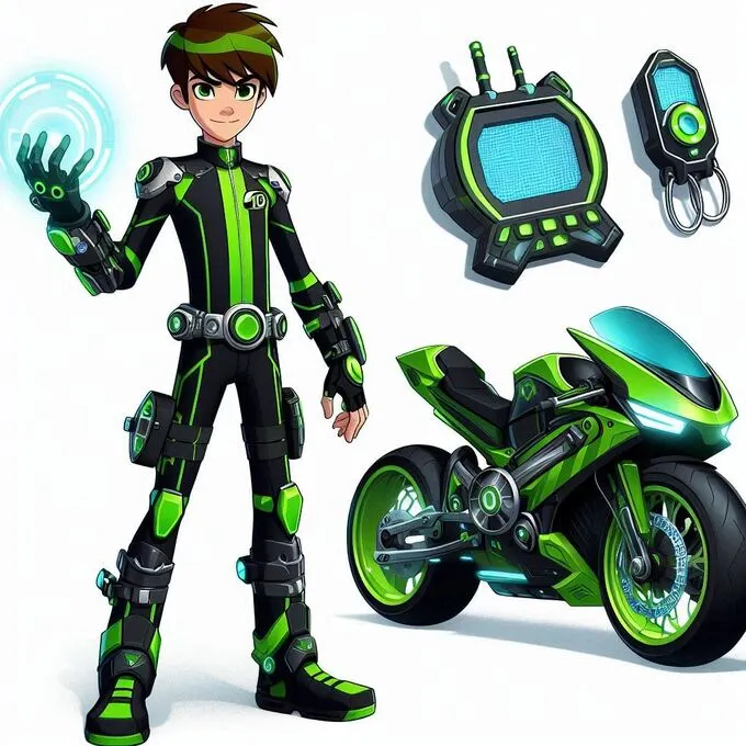 Ben 10 de pie junto a una moto futurista, un móvil y un llavero. El personaje está sonriendo, con su característico traje verde, mientras se apoya en la moto que tiene un diseño de alta tecnología.