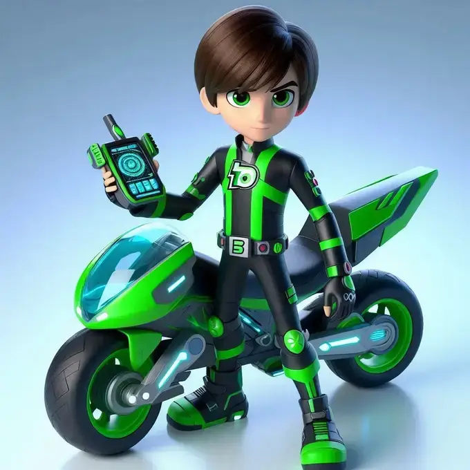 Imagen de Ben 10 en un mundo futurista de carreras, montando una moto de alta tecnología en un circuito iluminado por luces de neón. El personaje usa un traje de carreras verde con detalles metálicos, mientras maneja su moto en un ambiente digital con edificios futuristas y hologramas.