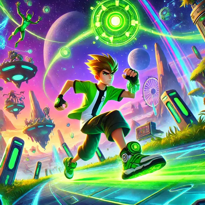 Ilustración vibrante de Ben 10 corriendo a gran velocidad en un paisaje alienígena, con su Omnitrix brillando mientras esquiva obstáculos y enfrenta desafíos en un entorno lleno de plataformas flotantes y criaturas alienígenas.