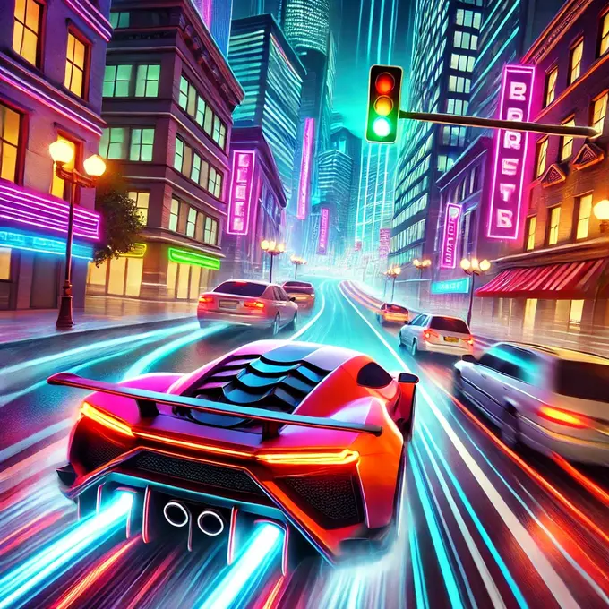 Car Runner - Escena de un juego de carreras urbanas con un coche esquivando obstáculos a gran velocidad.