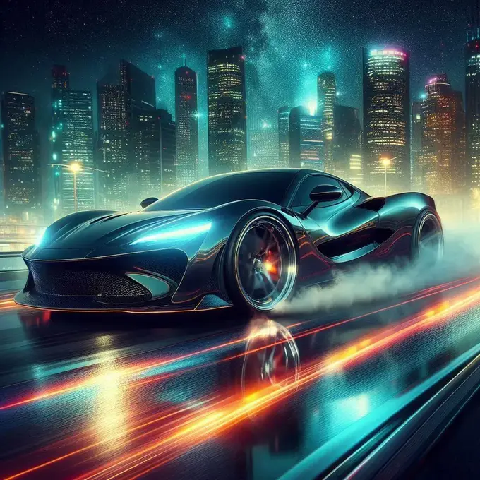 Drift Racer 2021: Coche deportivo derrapando en una carretera futurista iluminada por luces de neón.