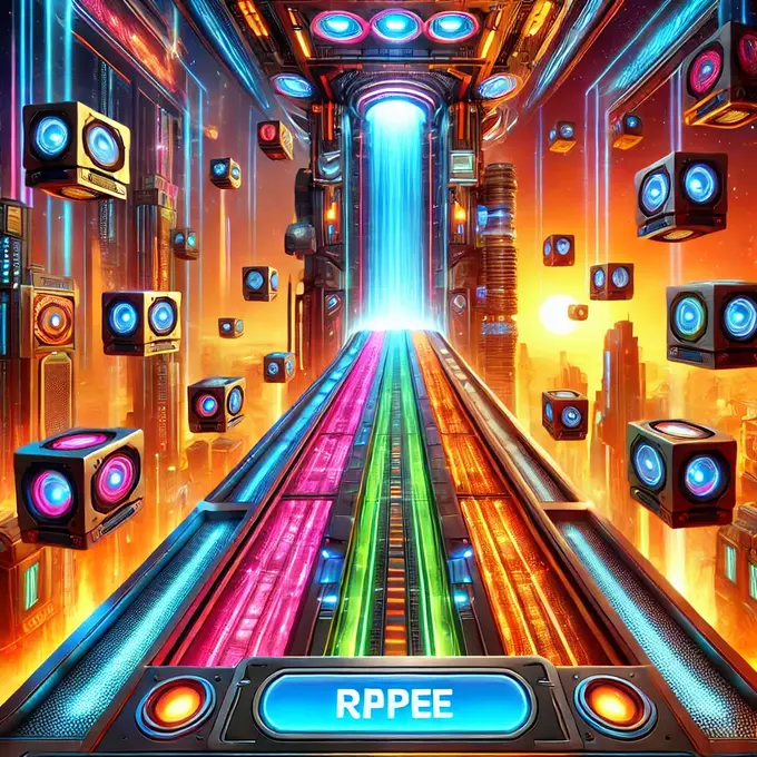 Interfaz de juego arcade con un elevador descendiendo a través de niveles coloridos y brillantes. Tema del juego Drop The Elevators.