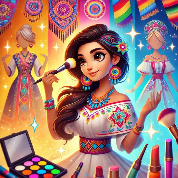 Ilustración de Enchantment mostrando la transformación mágica de Mira con peinados, maquillaje y accesorios brillantes.