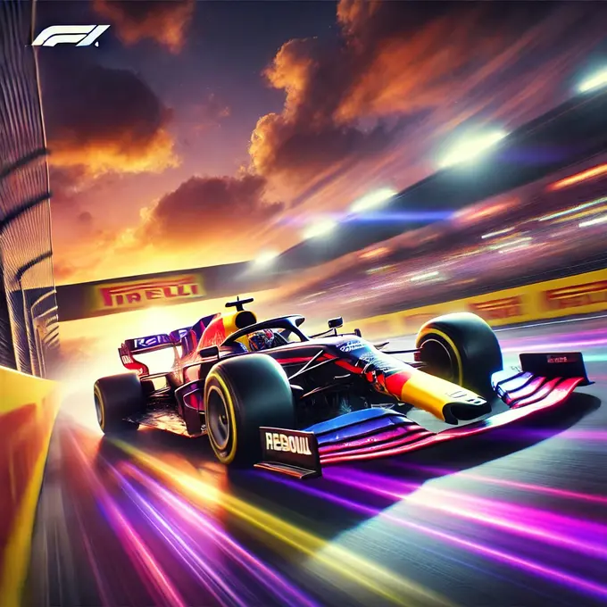 Un coche de Fórmula 1 de F1 Racing compitiendo a alta velocidad en una pista iluminada al atardecer, con un cielo de tonos naranjas y morados y efectos de movimiento que transmiten intensidad y emoción