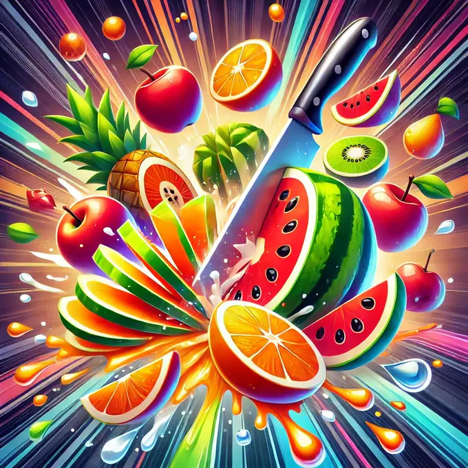 Una imagen que muestra el juego FRUIT SLICE Classic con frutas siendo cortadas en el aire, destacando la jugosidad y la emoción del juego.