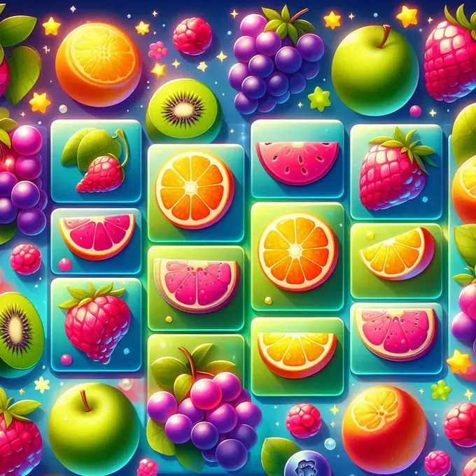 Imagen de Fruits Crush mostrando frutas brillantes y vibrantes alineándose y desapareciendo.