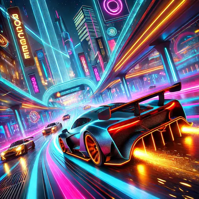 Escena vibrante del juego Futuristic Racer con coches de carreras futuristas en acción sobre pistas iluminadas con neón.