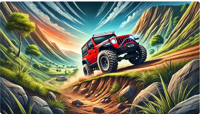 Juego de conducción Jeep Driver: un jeep todoterreno atravesando montañas con gráficos impresionantes y niveles desafiantes.