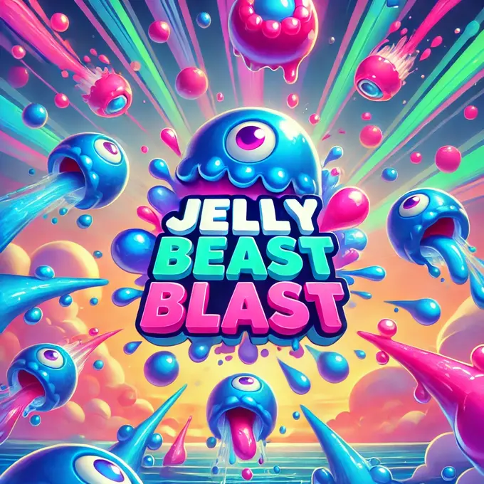 Escena vibrante del mundo de Jelly Beast Blast, mostrando a la criatura de gelatina azul en acción.