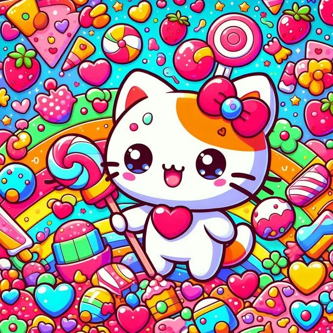 Kawaii Cute Cat recolectando dulces en un entorno vibrante y colorido