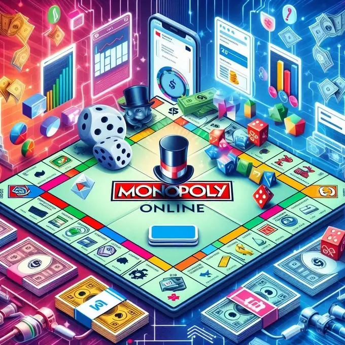 Tablero de juego de Monopoly Online con piezas icónicas y dados rodando