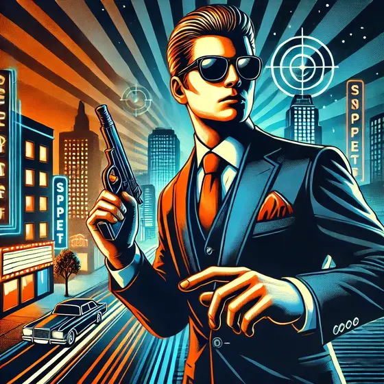 Un agente secreto de Mr Secret Agent con traje negro y gafas de sol sosteniendo un gadget, en un paisaje urbano 2D con luces de neón durante la noche, que refleja el ambiente retro y misterioso del juego