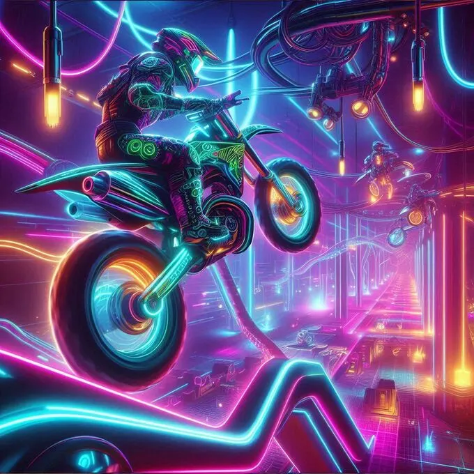 Neon Motocross games con motocicletas brillantes realizando acrobacias en pistas de neón.