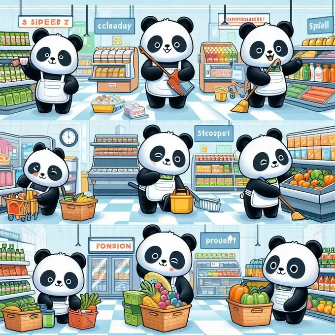 Imagen de Panda Supermarket Manager, donde un panda está organizando los productos en los estantes mientras otro panda limpia el suelo del supermercado.