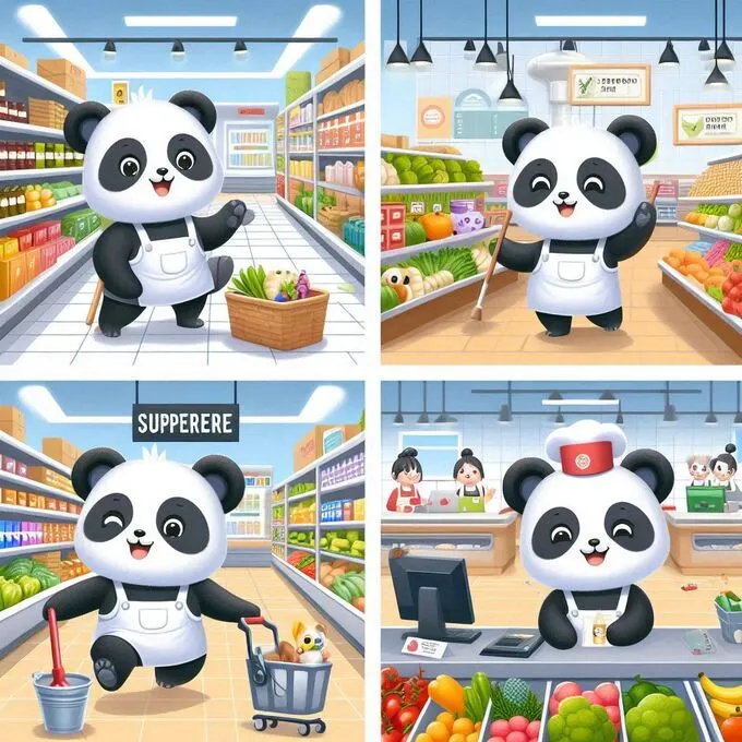 Imagen de Panda Supermarket Manager, con una familia de pandas gestionando un supermercado, limpiando, reponiendo estantes y atendiendo a los clientes.