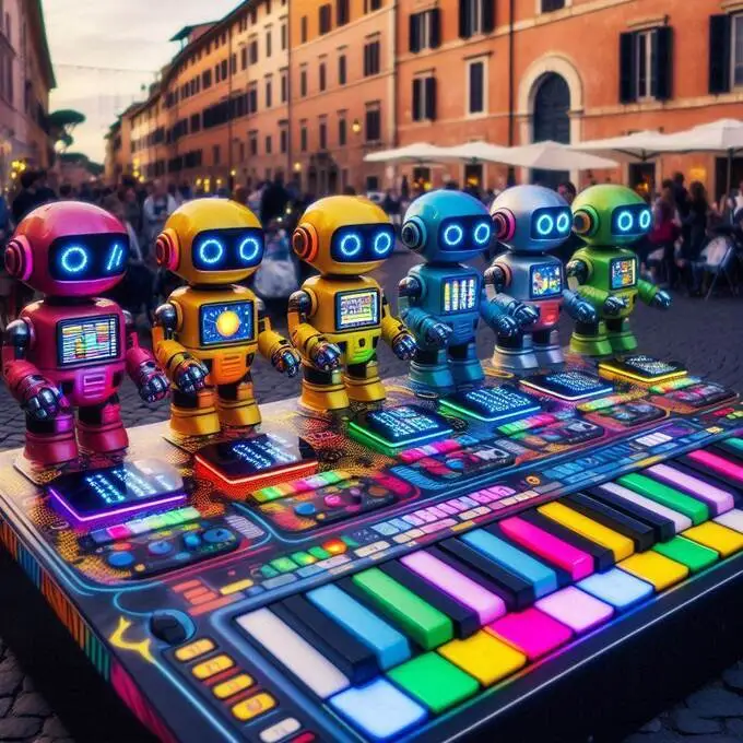 Robots tocando música techno en Trastevere, Roma, con controles interactivos para cambiar colores y velocidad.