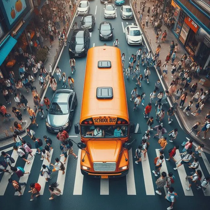 Dibujo de un autobús escolar naranja con forma de camioneta en una ciudad transitada, con niños dentro y un entorno vibrante, estilo dibujo, School Bus.