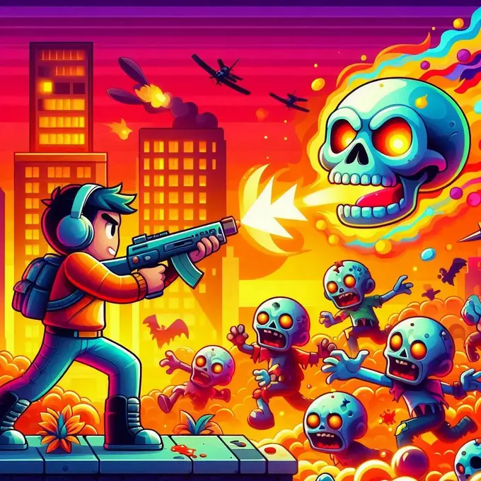 Imagen vibrante de un juego arcade de disparos con una calavera como proyectil lanzada hacia zombis, en el juego Shoot Angry Zombies.