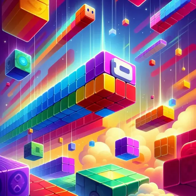 Ilustración vibrante del juego Stack Jump Among Us con bloques flotantes de varios tamaños y colores, mostrando un fondo brillante.