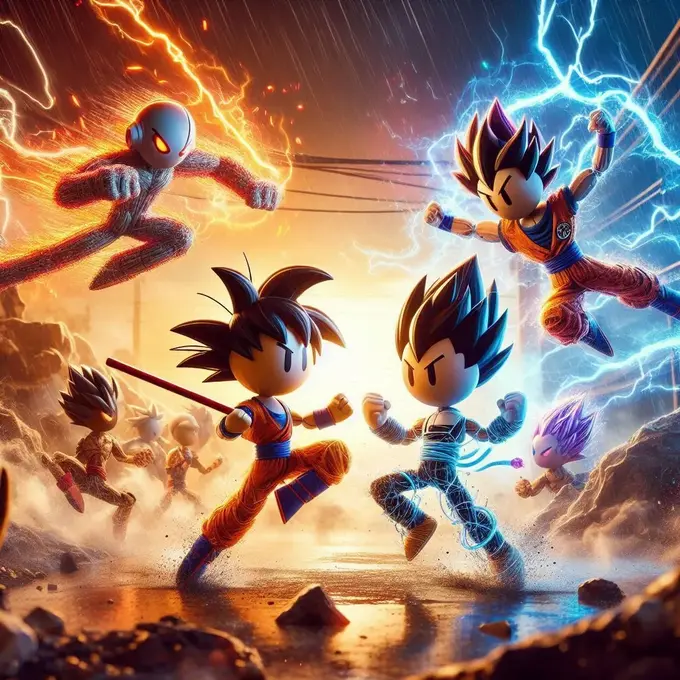 Escena de combate en Stick Dragonball Z con guerreros stickman, Goku y Vegeta, y efectos visuales dinámicos.