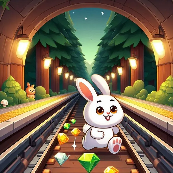 Conejo Subway Rabbit saltando en un bosque, rodeado de gemas brillantes y esquivando obstáculos