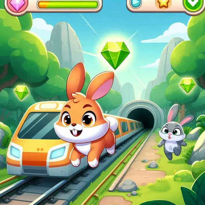 Subway Rabbit corriendo a través de un bosque lleno de gemas, esquivando obstáculos y saltando con agilidad