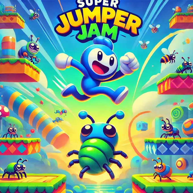 Imagen vibrante y colorida del juego Super Jumper Jam, mostrando a un personaje azul saltando sobre un insecto verde en un mundo lleno de obstáculos dinámicos y plataformas brillantes.