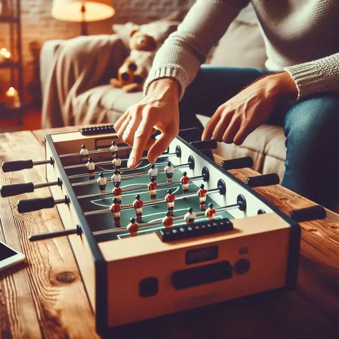 Primer plano de un juego de Table Football, mostrando una vista detallada del campo de juego y los jugadores en miniatura.