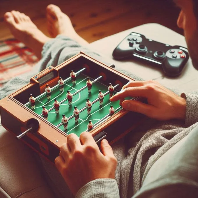 Juego de Table Football en una mesa portátil pequeña, con dos jugadores compitiendo en un entorno casual.