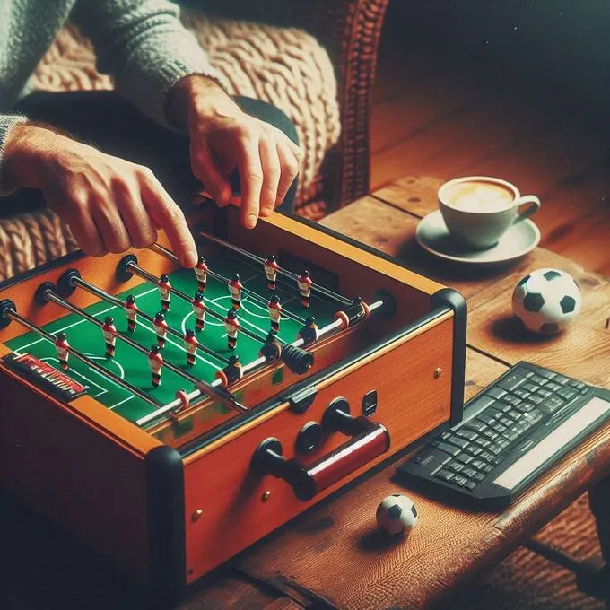 Juego de Table Football en miniatura siendo jugado en una sala de estar acogedora, mostrando una versión portátil del clásico juego.