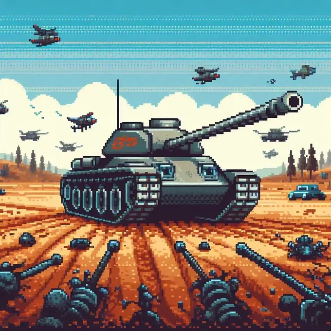 Tanque retro estilo pixel art en Tank Wars Classic, enfrentando enemigos en un paisaje nostálgico.