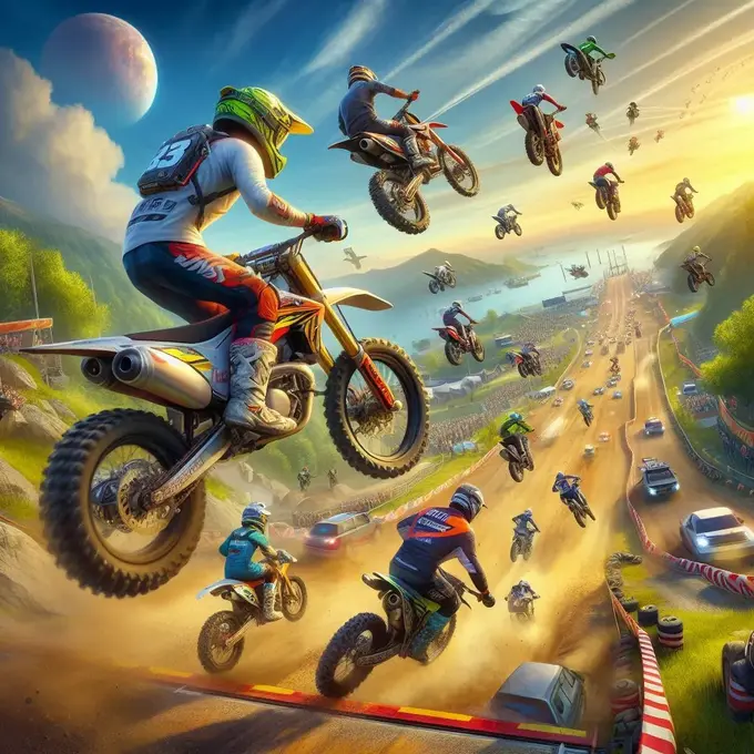 Carrera de motocross en "Trial Xtreme 4 Remastered" con motocicletas saltando obstáculos