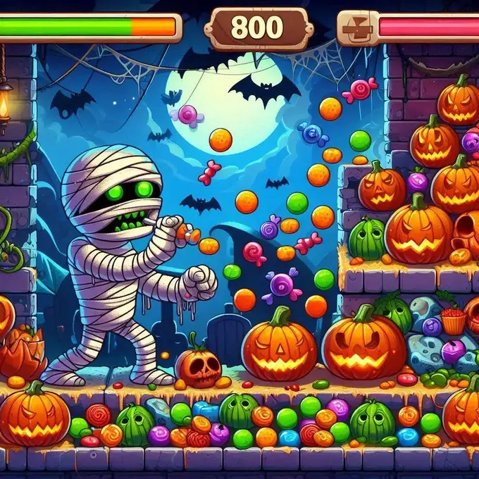 Escena de Zombie Candies Classic mostrando a una momia recolectando caramelos en un nivel espeluznante y colorido con calabazas explosivas y obstáculos temáticos de Halloween.