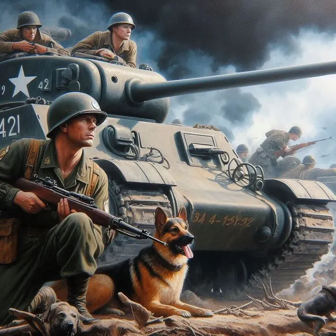 Una escena de batalla en la Segunda Guerra Mundial con soldados, tanques y perros militares, titulada Warfare 1942.