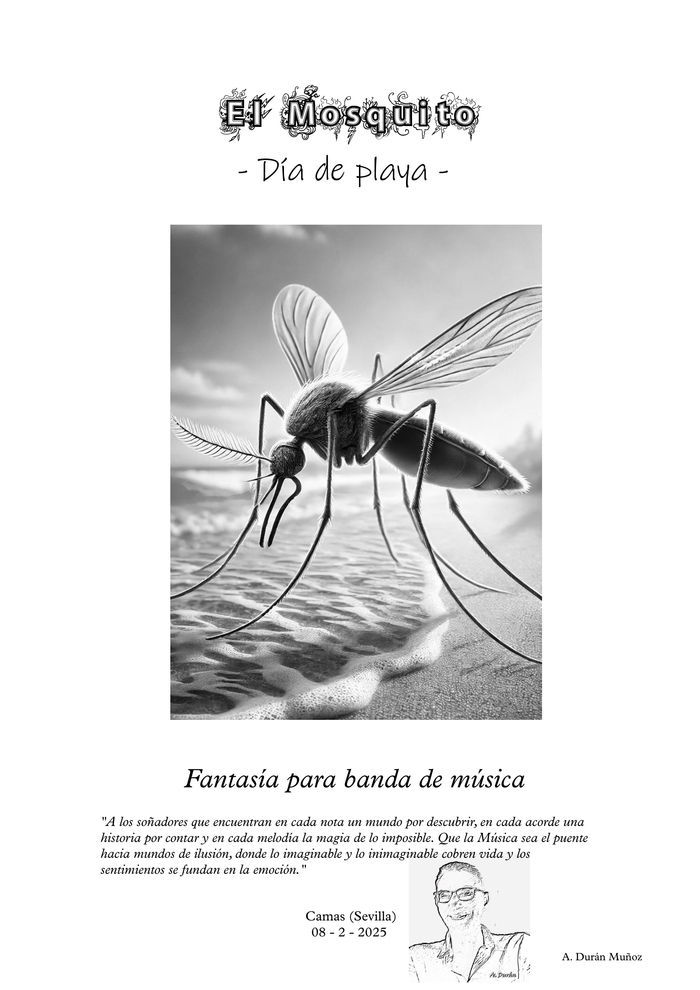 Ilustración para la Fantasía musical El Mosquito, en la cual aparece el insecto sobrevolando la arena de una playa soleada en la época estival.