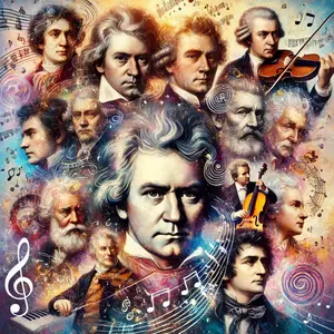 Un collage artístico vibrante de Grandes compositores, incluyendo a Beethoven, Mozart, Bach, Chopin y otros, rodeados de elementos musicales y notas.