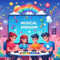 Cabecera de la entrada Gratificación para los Visitantes en Reino Musical con juegos musicales y ambiente colorido.