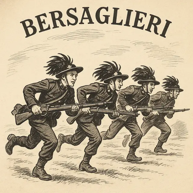 Alla Fronte Il Cappello Piumato, símbolo de orgullo y valor del Bersagliere, con su característico sombrero adornado con plumas de urogallo verdes y azuladas.