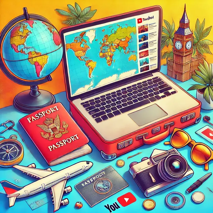 Interesante lista de vídeos de YouTube con consejos para viajar, mostrando un collage de pasaporte, maleta, cámara, mapa mundial y un portátil con una lista de reproducción de YouTube.